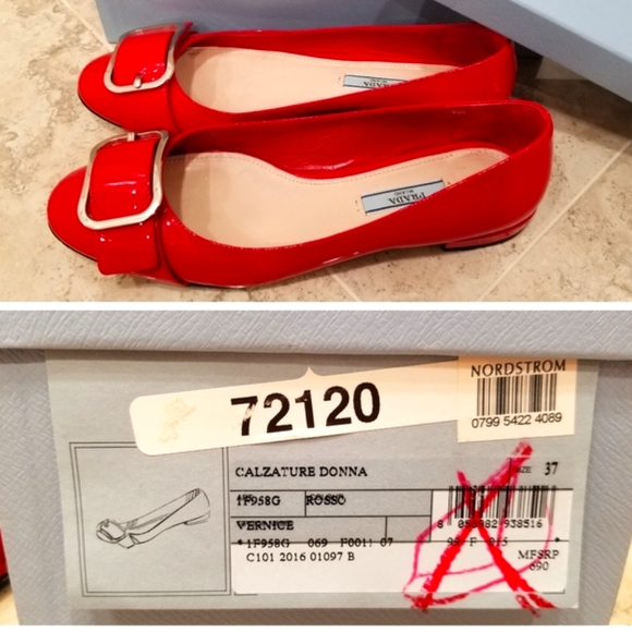 Authentic Prada Calzature Donna Vernice Red Patent Leather Buckle Ballet Flats - Picture 2 of 12
